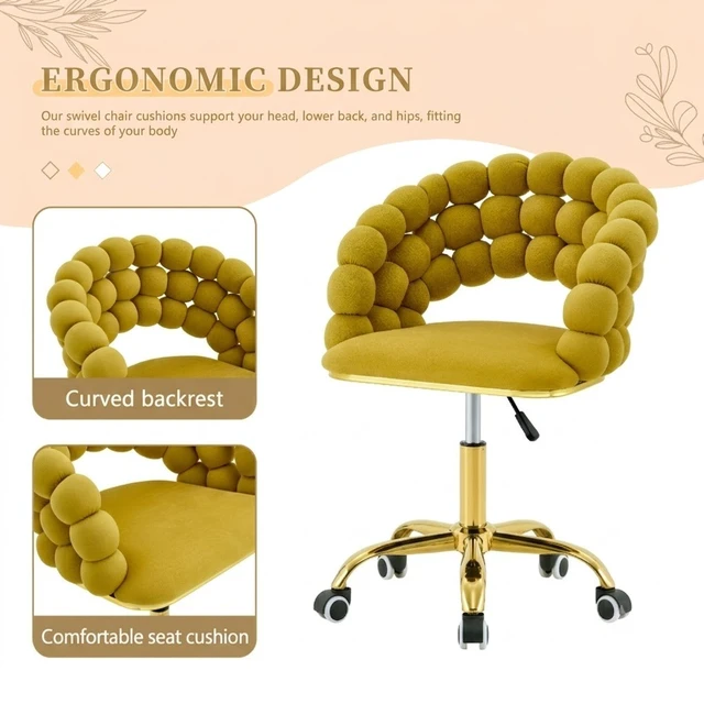 Alt view image 7 of 7 - Velvet Bubble Back Desk Chair, Adjustable Height 360° Swivel Vanity Chair with Wheels Gold Metal Base Rolling Makeup