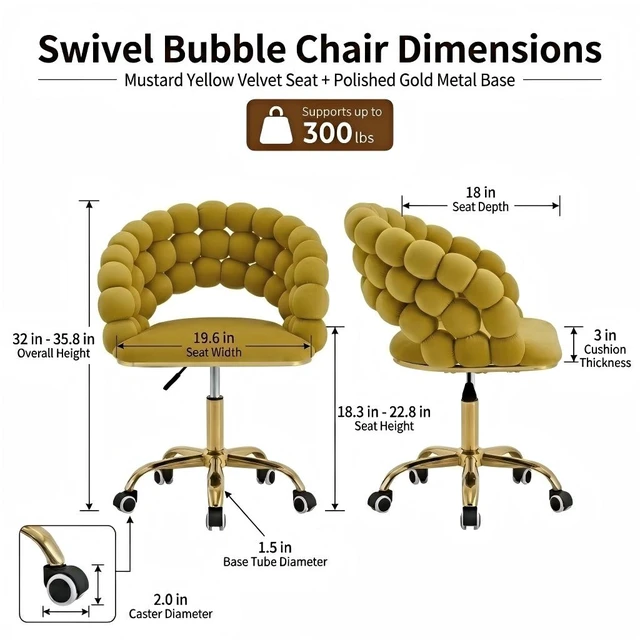 Alt view image 6 of 7 - Velvet Bubble Back Desk Chair, Adjustable Height 360° Swivel Vanity Chair with Wheels Gold Metal Base Rolling Makeup