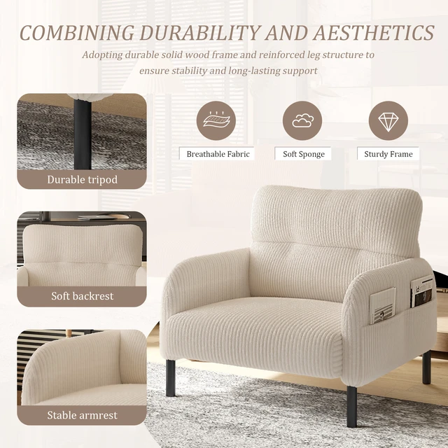 Alt view image 3 of 5 - Corduroy Fabric, Monochrome Single Person Wide Seat Chair Suitable for Living and Bedrooms, Beige, Chairs Accent Seating