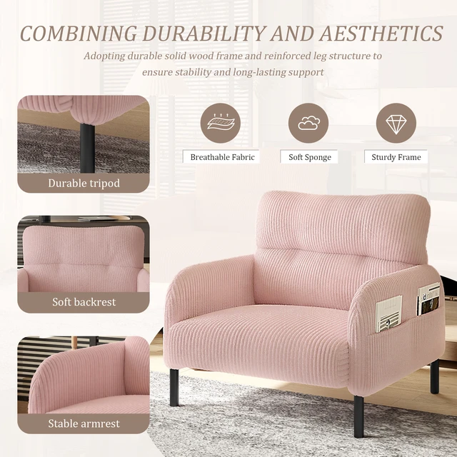 Alt view image 3 of 5 - Corduroy Fabric, Monochrome Single Person Wide Seat Chair Suitable for Living and Bedrooms, Pink, Chairs Accent Seating