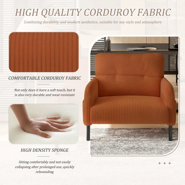 Main image of Corduroy Fabric, Monochrome Single Person Wide Seat Chair Suitable for Living and Bedrooms, Orange, Chairs Accent