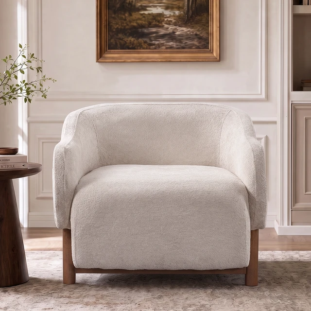 Alt view image 4 of 7 - Accent Chair Chenille Upholstered Armchair with Recessed Arms and Tight Back Rubberwood Legs Single Seating for Living