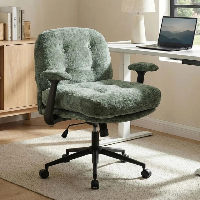 Main image of Chenille Swivel Desk Chair, Adjustable Height Velvet Like Chair with Armrest High Density Foam Ergonomic Task Green