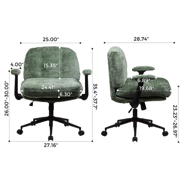 Alt view image 2 of 7 - Chenille Swivel Desk Chair, Adjustable Height Velvet Like Chair with Armrest High Density Foam Ergonomic Task Green