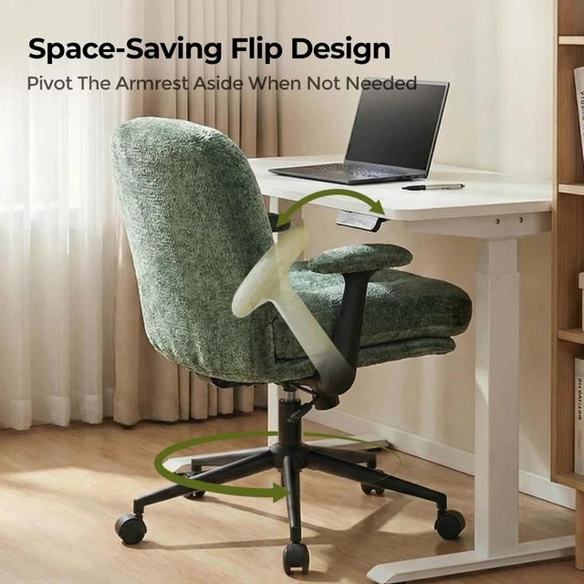 Alt view image 5 of 7 - Chenille Swivel Desk Chair, Adjustable Height Velvet Like Chair with Armrest High Density Foam Ergonomic Task Green