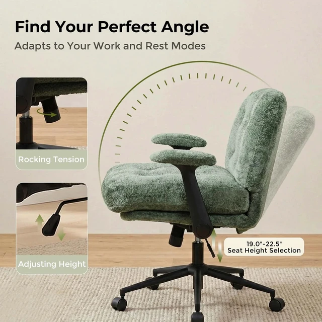 Alt view image 6 of 7 - Chenille Swivel Desk Chair, Adjustable Height Velvet Like Chair with Armrest High Density Foam Ergonomic Task Green
