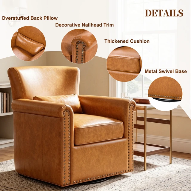 Alt view image 4 of 7 - 360° Swivel Accent Chair Upholstered Club Chair with Rolled Arm, Sewn Pillow Back and Nailhead Trim Metal Base