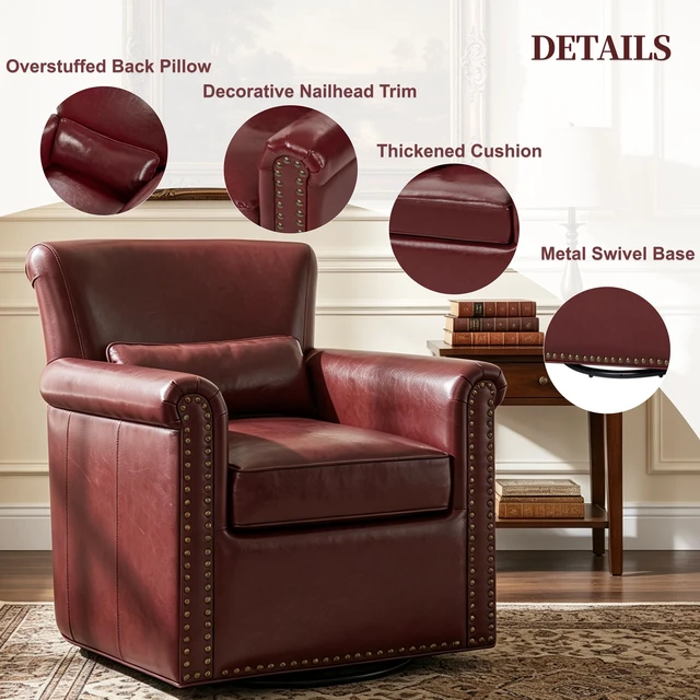Alt view image 4 of 7 - 360° Swivel Accent Chair Leather Upholstered Club Chair with Rolled Arm, Sewn Pillow Back and Nailhead Trim Metal Base