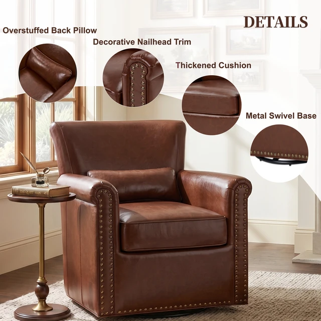 Alt view image 4 of 7 - 360° Swivel Accent Chair Leather Upholstered Club Chair with Rolled Arm, Sewn Pillow Back and Nailhead Trim Metal Base