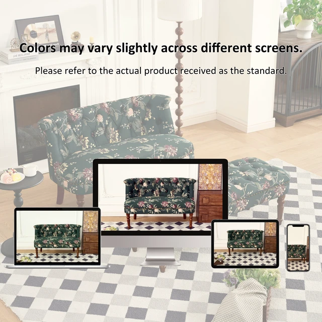 Alt view image 3 of 7 - Sofa Chair Living Single Sofa Chair and Tufted Floral Bench with Turned Wood Legs, European Dressing Stool Lazy Green