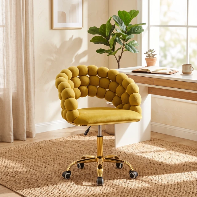 Alt view image 2 of 7 - Velvet Bubble Back Desk Chair, Adjustable Height 360° Swivel Vanity Chair with Wheels Gold Metal Base Rolling Makeup