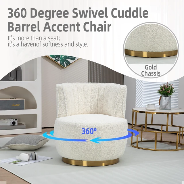 Alt view image 5 of 7 - Degree Swivel Cuddle Barrel Accent Sofa Chairs, Round Armchairs with Wide Upholstered Teddy Fabric Chair for Living