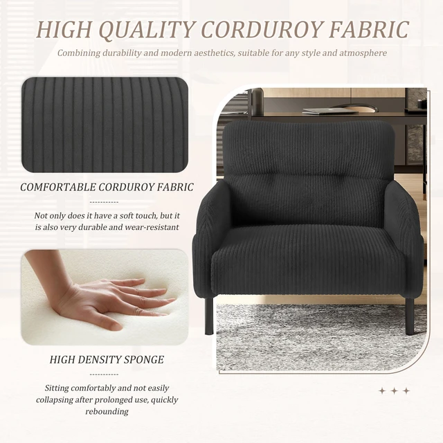 Main image of Corduroy Fabric, Monochrome Single Person Wide Seat Chair Suitable for Living and Bedrooms, Gray, Chairs Accent Seating