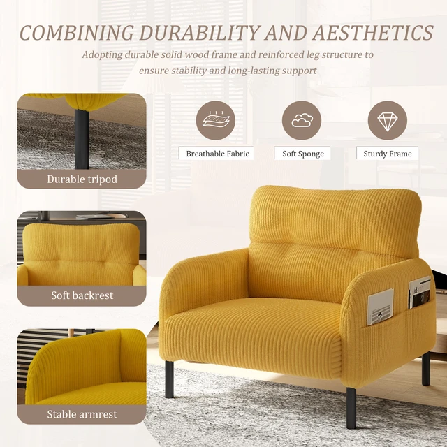 Alt view image 3 of 5 - Corduroy Fabric, Monochrome Single Person Wide Seat Chair Suitable for Living and Bedrooms, Yellow, Chairs Accent