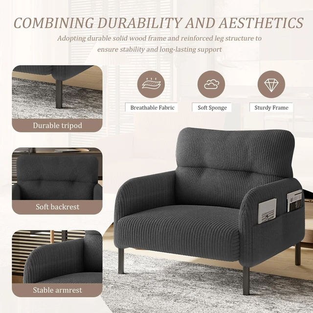 Alt view image 3 of 5 - Corduroy Fabric, Monochrome Single Person Wide Seat Chair Suitable for Living and Bedrooms, Gray, Chairs Accent Seating