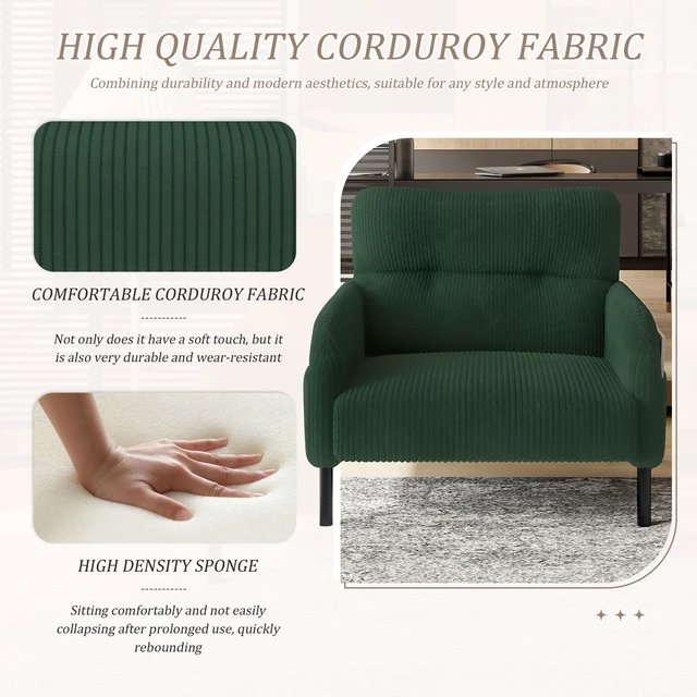 Main image of Corduroy Fabric, Monochrome Single Person Wide Seat Chair Suitable for Living and Bedrooms, Emerald, Chairs Accent