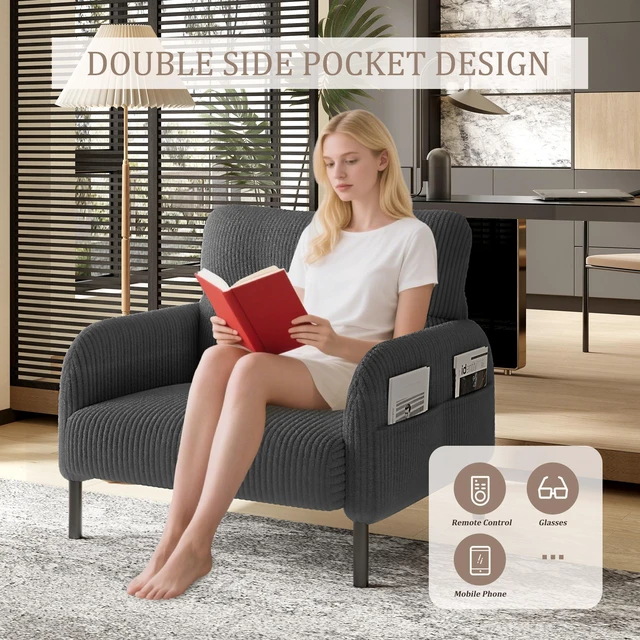 Alt view image 5 of 5 - Corduroy Fabric, Monochrome Single Person Wide Seat Chair Suitable for Living and Bedrooms, Gray, Chairs Accent Seating