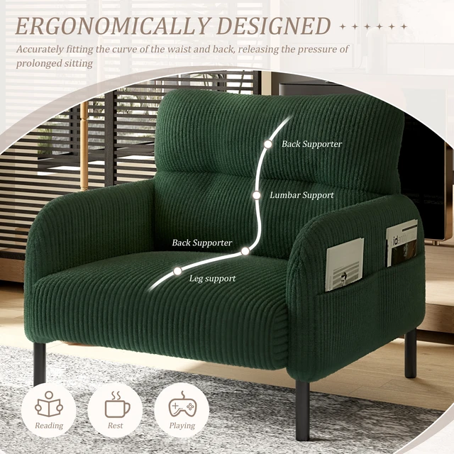 Alt view image 4 of 5 - Corduroy Fabric, Monochrome Single Person Wide Seat Chair Suitable for Living and Bedrooms, Emerald, Chairs Accent