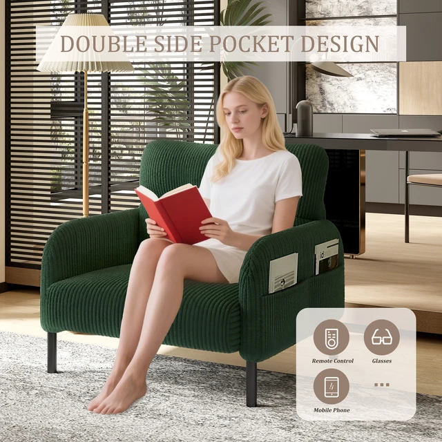 Alt view image 5 of 5 - Corduroy Fabric, Monochrome Single Person Wide Seat Chair Suitable for Living and Bedrooms, Emerald, Chairs Accent