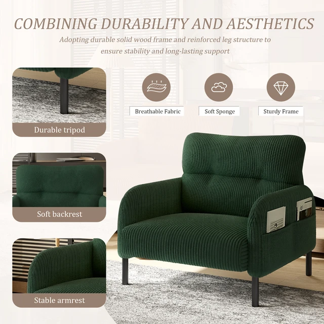 Alt view image 3 of 5 - Corduroy Fabric, Monochrome Single Person Wide Seat Chair Suitable for Living and Bedrooms, Emerald, Chairs Accent