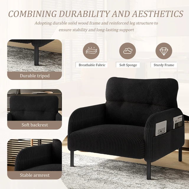 Alt view image 3 of 5 - Corduroy Fabric, Monochrome Single Person Wide Seat Chair Suitable for Living and Bedrooms, Black, Chairs Accent Seating