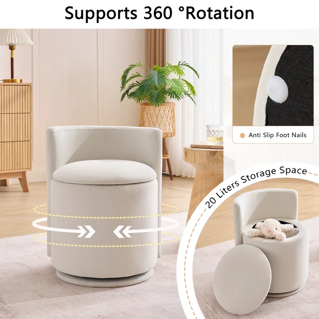 Alt view image 5 of 7 - Velvet Fabric Swivel Accent Chair, Barrel Vanity Chair with Curved Backrest Upholstered Storage for Primary Living