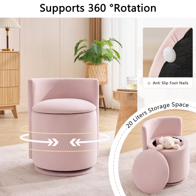 Alt view image 5 of 7 - Velvet Fabric Swivel Accent Chair, Barrel Vanity Chair with Curved Backrest Upholstered Storage for Primary Living