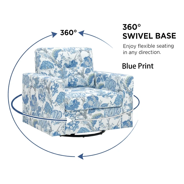 Alt view image 3 of 5 - Floral Upholstery Degree Rotation Single Sofa Chair for Living, Blue, Cast Lron, Wood and Fabric, Chairs Accent Seating