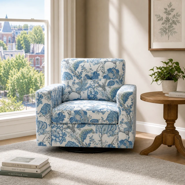 Alt view image 2 of 5 - Floral Upholstery Degree Rotation Single Sofa Chair for Living, Blue, Cast Lron, Wood and Fabric, Chairs Accent Seating