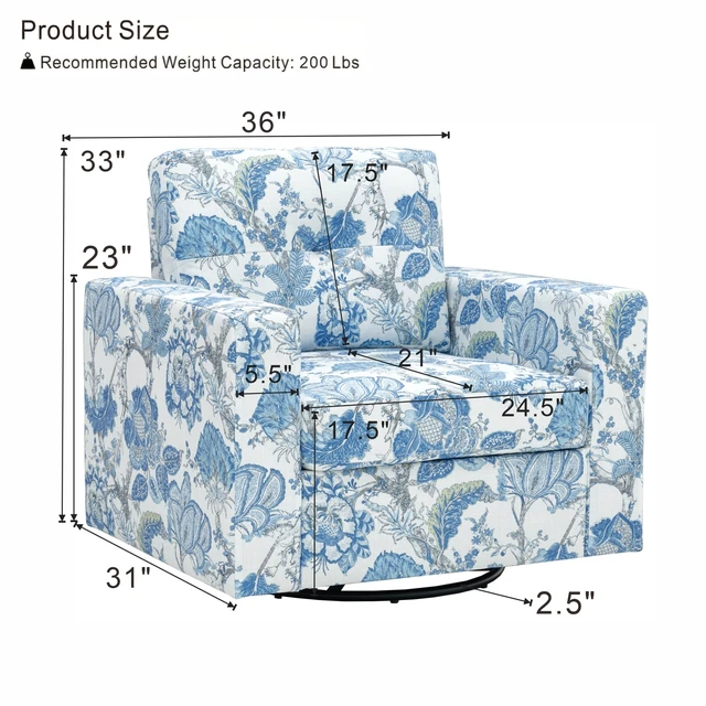 Alt view image 4 of 5 - Floral Upholstery Degree Rotation Single Sofa Chair for Living, Blue, Cast Lron, Wood and Fabric, Chairs Accent Seating