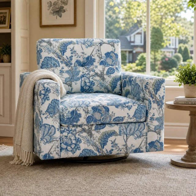 Main image of Floral Upholstery Degree Rotation Single Sofa Chair for Living, Blue, Cast Lron, Wood and Fabric, Chairs Accent Seating
