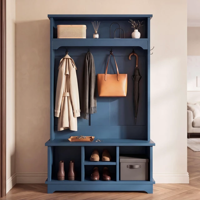 Main image of Coat Rack with Shoe Storage, Tree with Shoe Bench Cubbies 1 Tier Top Storage Entryway Bench for Entryway Living, Blue