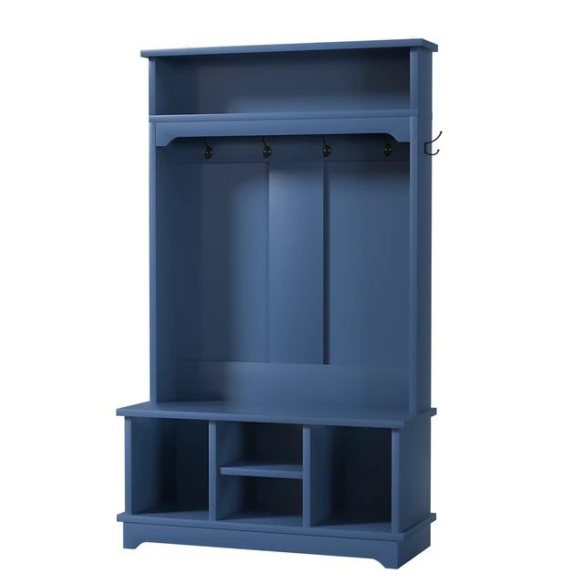 Alt view image 3 of 7 - Coat Rack with Shoe Storage, Tree with Shoe Bench Cubbies 1 Tier Top Storage Entryway Bench for Entryway Living, Blue