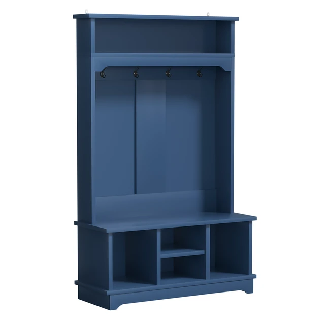 Alt view image 4 of 7 - Coat Rack with Shoe Storage, Tree with Shoe Bench Cubbies 1 Tier Top Storage Entryway Bench for Entryway Living, Blue