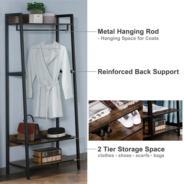 Alt view image 2 of 7 - Entryway Tree with Shoe Storage and Coat Rack, Design with Metal Frame, Brown, Engineered Wood