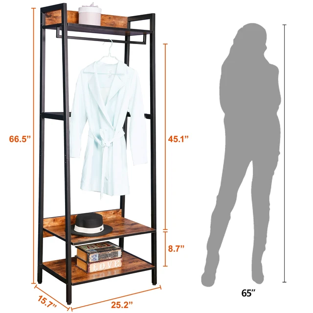 Alt view image 6 of 7 - Entryway Tree with Shoe Storage and Coat Rack, Design with Metal Frame, Brown, Engineered Wood