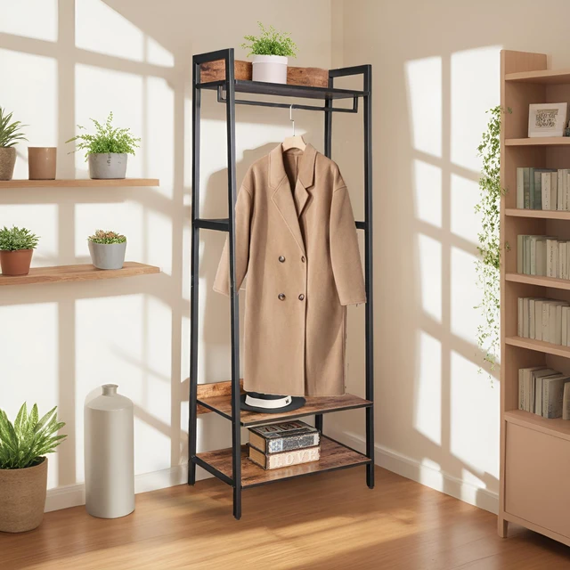 Main image of Entryway Tree with Shoe Storage and Coat Rack, Design with Metal Frame, Brown, Engineered Wood