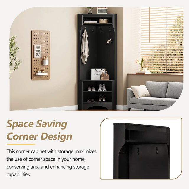 Alt view image 2 of 7 - Corner Tree with Shoe Bench, Entryway Coat Rack with 4 Hooks Corner Cabinet with Adjustable Shelf for Living 29.5 Inch