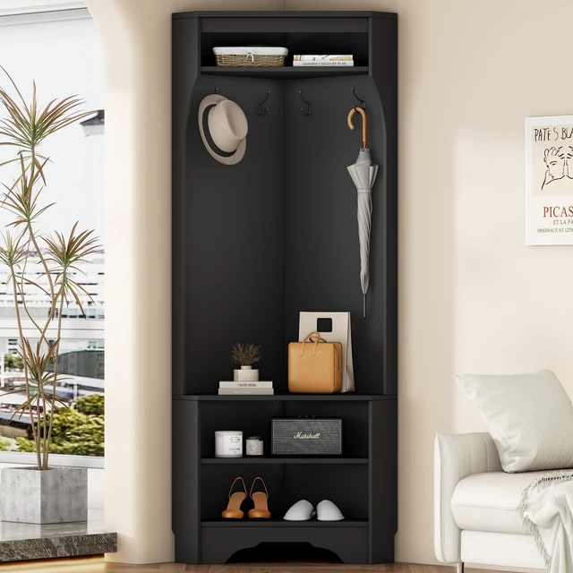 Main image of Corner Tree with Shoe Bench, Entryway Coat Rack with 4 Hooks Corner Cabinet with Adjustable Shelf for Living 29.5 Inch