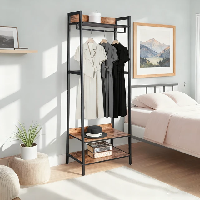 Alt view image 3 of 7 - Entryway Tree with Shoe Storage and Coat Rack, Design with Metal Frame, Brown, Engineered Wood