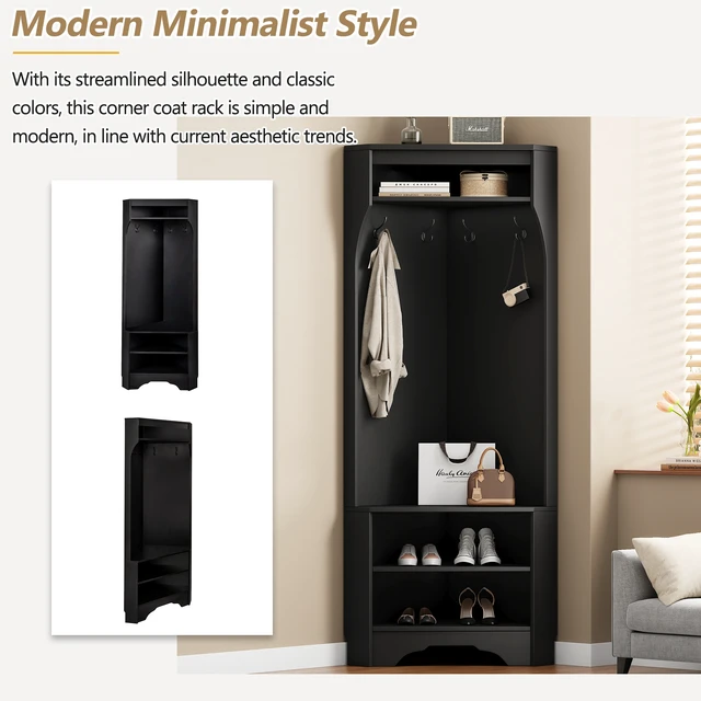 Alt view image 4 of 7 - Corner Tree with Shoe Bench, Entryway Coat Rack with 4 Hooks Corner Cabinet with Adjustable Shelf for Living 29.5 Inch