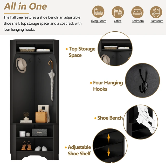 Alt view image 3 of 7 - Corner Tree with Shoe Bench, Entryway Coat Rack with 4 Hooks Corner Cabinet with Adjustable Shelf for Living 29.5 Inch