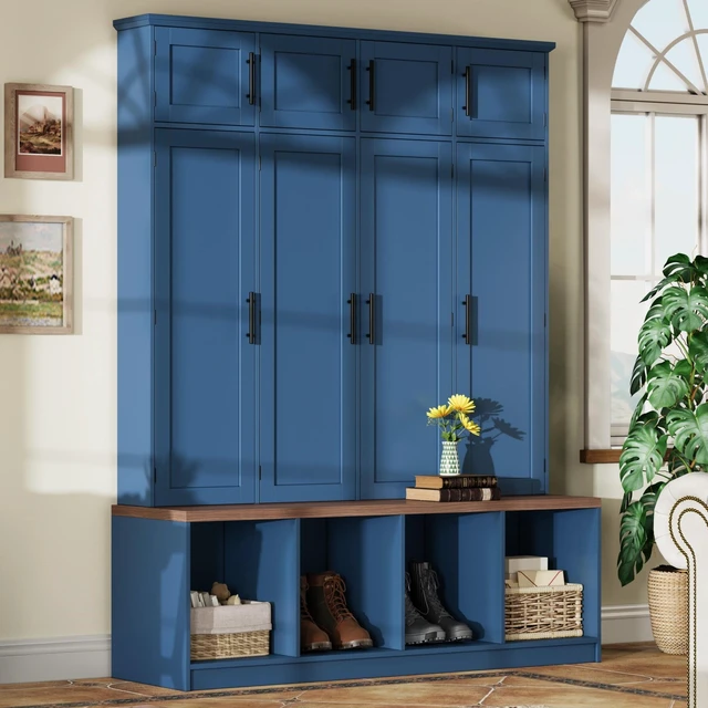 Main image of Tree with Hidden Hanging Hooks, Seating Bench with 8 Doors Entryway Shoe Cabinet with Open Compartment for Living Old
