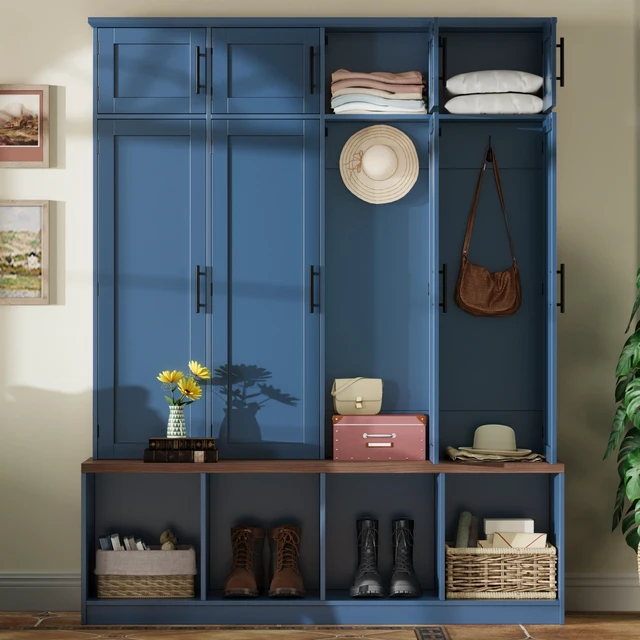 Alt view image 2 of 7 - Tree with Hidden Hanging Hooks, Seating Bench with 8 Doors Entryway Shoe Cabinet with Open Compartment for Living Old