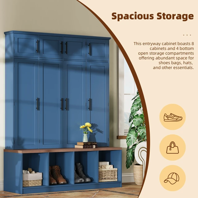 Alt view image 4 of 7 - Tree with Hidden Hanging Hooks, Seating Bench with 8 Doors Entryway Shoe Cabinet with Open Compartment for Living Old