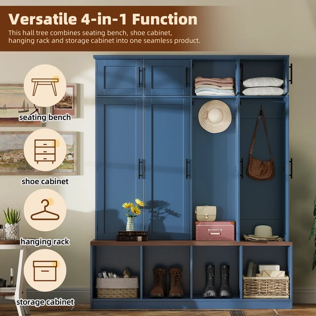 Alt view image 3 of 7 - Tree with Hidden Hanging Hooks, Seating Bench with 8 Doors Entryway Shoe Cabinet with Open Compartment for Living Old