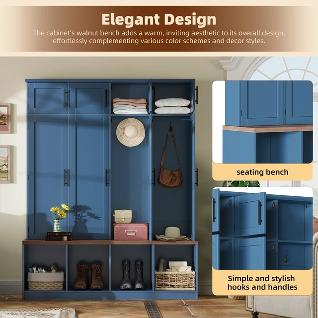 Alt view image 6 of 7 - Tree with Hidden Hanging Hooks, Seating Bench with 8 Doors Entryway Shoe Cabinet with Open Compartment for Living Old