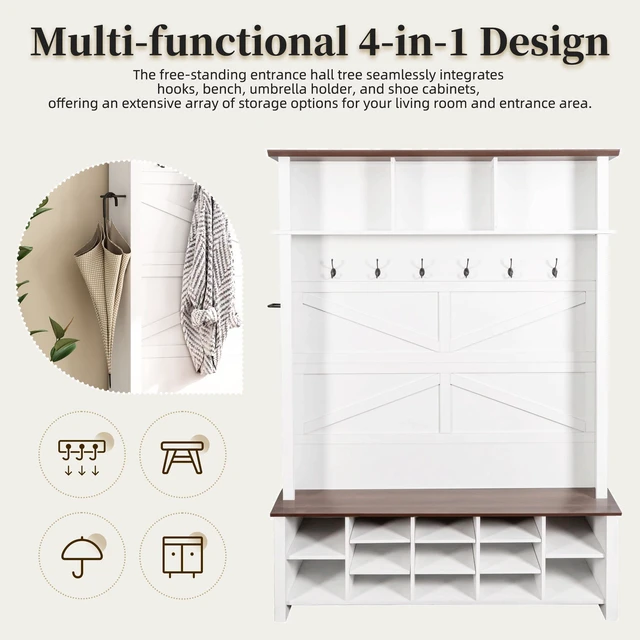 Alt view image 3 of 7 - Tree with 6 Hooks, Practical Entryway Bench with Adjustable Shelves Wooden Shoe Organizer with 16 Compartments