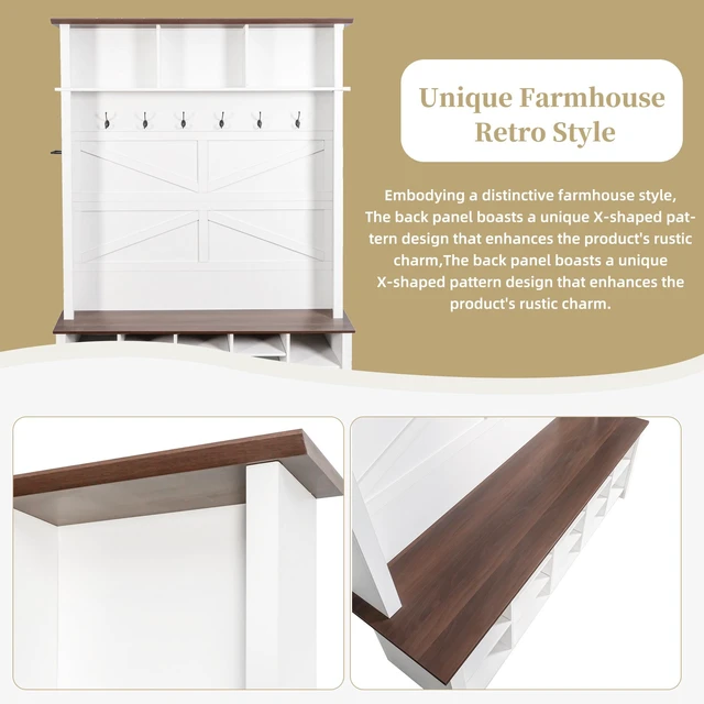Alt view image 6 of 7 - Tree with 6 Hooks, Practical Entryway Bench with Adjustable Shelves Wooden Shoe Organizer with 16 Compartments