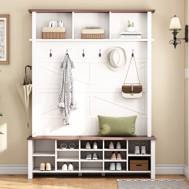 Alt view image 2 of 7 - Tree with 6 Hooks, Practical Entryway Bench with Adjustable Shelves Wooden Shoe Organizer with 16 Compartments
